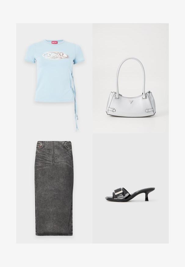 T-shirt bleu clair à manches courtes avec un col rond, des attaches sur les côtés et un imprimé graphique présentant le texte "www.diesel.com" en argent.; Jupe midi en denim gris avec des rayures verticales, présentant une taille haute, un design à cinq poches et un ourlet net.; Mules en cuir verni noir avec bout ouvert, larges brides, accent métallique et petit talon carré. Texture lisse avec une finition brillante.; Sac à main argenté avec un design structuré, doté de deux poignées, d'une texture brillante, de quincaillerie accentuée et d'un logo triangulaire sur le devant.