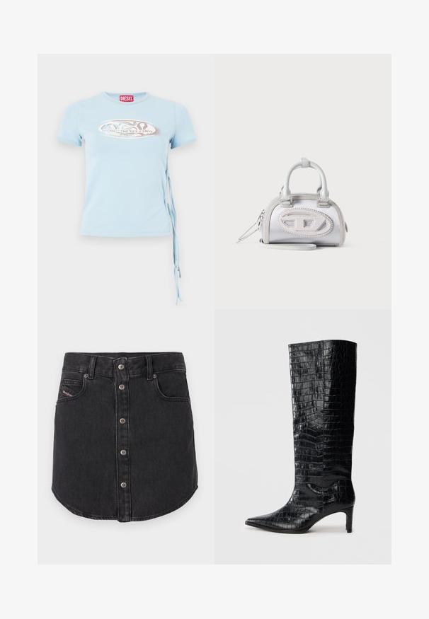 Lys blå kortærmet T-shirt med rund halsudskæring, sidebindinger og et grafisk print med teksten "www.diesel.com" i sølv.; Sort denim miniskørt med frontmetalknapper, to forlommer, bæltestropper og buet kant.; Sorte knæhøje støvler med en blank, krokodillemønstret tekstur, spids tå og en affaset hæl. Glat syntetisk materiale.; Lille hvid håndtaske med dobbelt håndtag, ovalt syet logo foran og aftagelig håndledsrem på lys baggrund.
