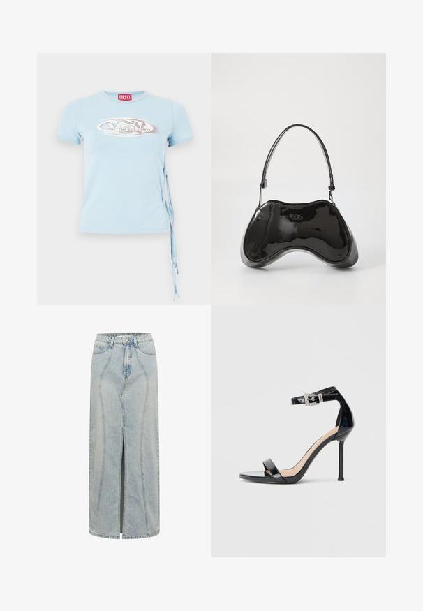 Lys blå kortærmet T-shirt med rund halsudskæring, sidebindinger og et grafisk print med teksten "www.diesel.com" i sølv.; Lyseblå denimskørt med en lige silhuet, der har en frontslids, bælteløkker og detaljeret syninger langs sømmene.; Sort højhælet sandal i laklæder med ankelrem. Har minimalistisk design, åben tå og spænde med rhinsten-detaljer.; Sort patentlæder håndtaske med en unik buet form, kort justerbar hank og en lynlåslukning i toppen. Glat tekstur med diskret branding.