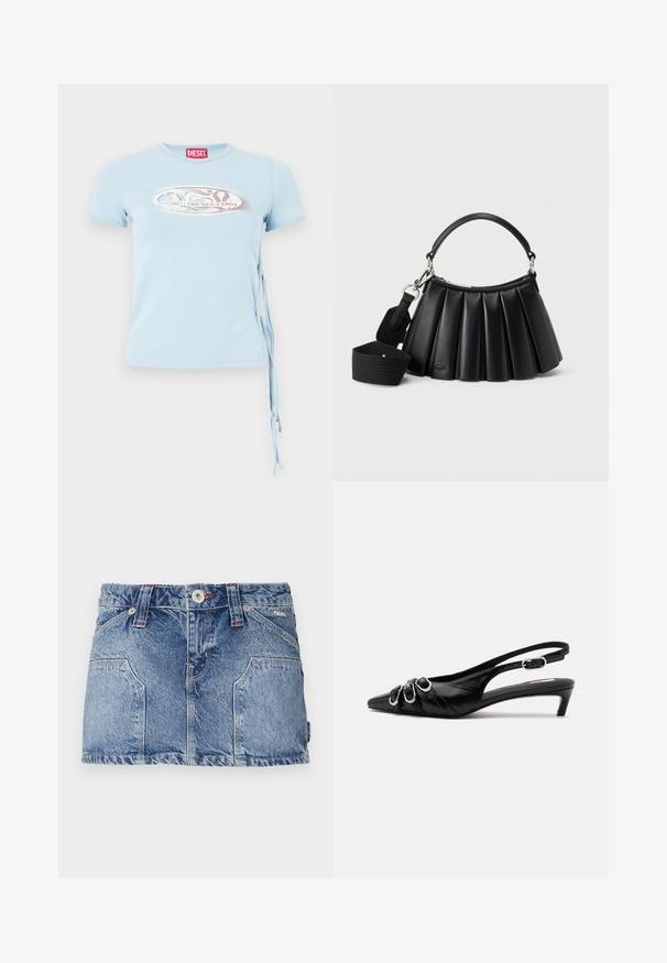 Svetlomodré tričko s krátkymi rukávmi, okrúhlym výstrihom a viazaním na bokoch, s grafickým potlačou obsahujúcou text "www.diesel.com" v striebornej farbe.; Džínová mini sukňa vo svetlom odtieni modrej. Obsahuje predné vrecká, zapínanie na gombík a pútka na opasok. Hladká textúra s neformálnym designom.; Čierna kožená slingback obuv so špicatou špičkou, tromi striebornými prackami vpredu a nízkym kitten podpätkom na bielom pozadí.; Čierna plisovaná kožená kabelka s krátkou rúčkou a odnímateľným širokým látkovým ramenným popruhom na bielom pozadí.