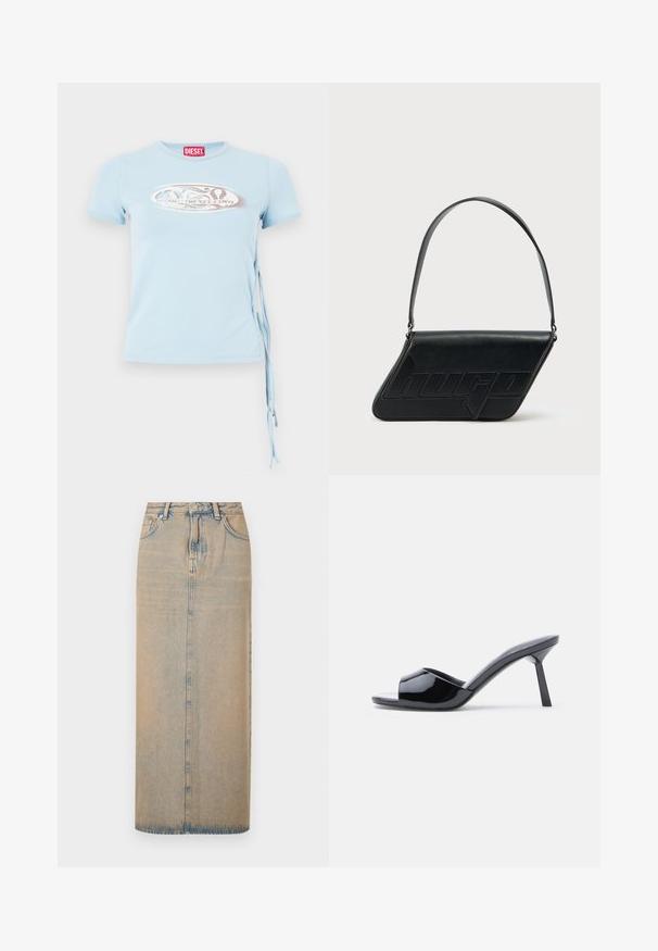 Lys blå kortærmet T-shirt med rund halsudskæring, sidebindinger og et grafisk print med teksten "www.diesel.com" i sølv.; En lang denimnederdel i lyseblå med lige snit. Har fem lommer, bæltestropper og knaplukning foran. Fadede tekstur over det hele.; Sorte laklæder sandaletter med åben tå, der har et buet overdesign og en spids stilethæl. Glat, blank finish.; Sort skuldertaske i læder med trekantet form, præget logo og en enkelt justerbar rem. Minimalistisk design med glat tekstur.