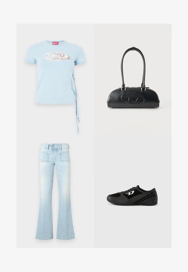 Svetlomodré tričko s krátkymi rukávmi, okrúhlym výstrihom a viazaním na bokoch, s grafickým potlačou obsahujúcou text "www.diesel.com" v striebornej farbe.; Svetlomodré rozšírené džínsy z vyblednutého denimu s dvoma prednými vreckami, zapínaním na gombík a kontrastným prešívaním. Hladká textúra.; Čierne športové topánky so zvrškom zo semišu a syntetického materiálu, s textúrovaným dizajnom, zaoblenou špičkou a plochou podrážkou. Strieborný logo akcent na boku.; Čierna kožená kabelka s dlhými dvojitými rúčkami a vyrazeným oválnym logom vpredu, zobrazená na jednoduchom svetlom pozadí.