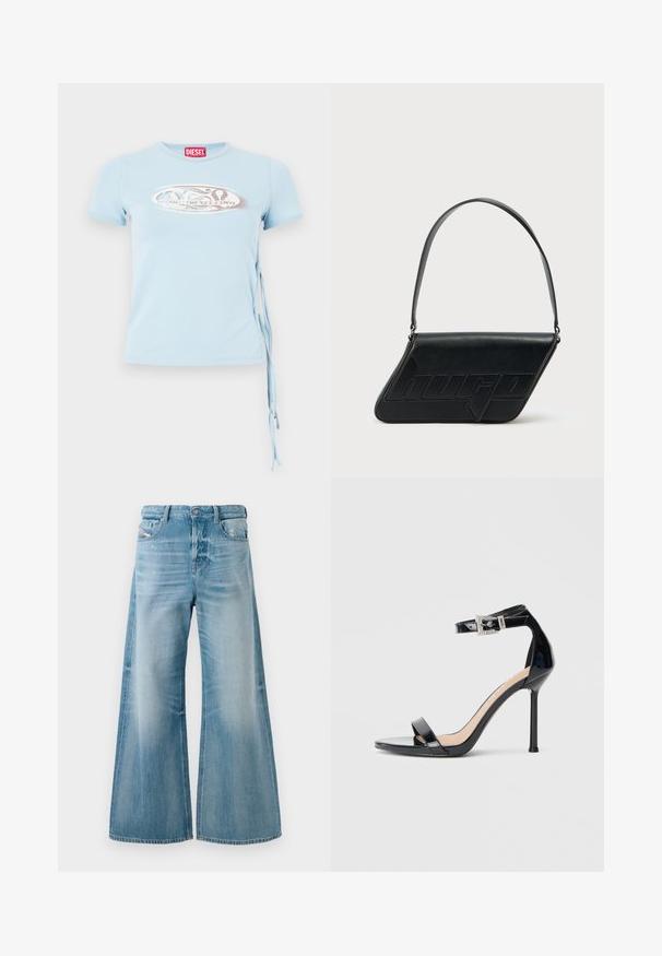 Svetlomodré tričko s krátkymi rukávmi, okrúhlym výstrihom a viazaním na bokoch, s grafickým potlačou obsahujúcou text "www.diesel.com" v striebornej farbe.; Svetlomodré džínsy s širokými nohavicami, s jemným vyblednutím a poškodením na predných vreckách, s gombíkovým zapínaním a pútkom na opasok.; Čierna vysoká sandála z lakovanej kože s popruhom okolo členka. Vyznačuje sa minimalistickým dizajnom, otvorenou špičkou a prackou zdobenou trblietavými kamienkami.; Čierna kožená taška cez rameno v trojuholníkovom tvare, s vyrazeným logom a jedným nastaviteľným pásikom. Minimalistický dizajn s hladkou textúrou.