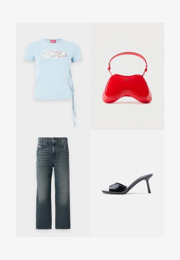 Lys blå kortærmet T-shirt med rund halsudskæring, sidebindinger og et grafisk print med teksten "www.diesel.com" i sølv.; Mørkeblå lige jeans med en falmet tekstur, fem-lomme design og en lille logodetalje på forsiden lommen.; Sorte laklæder sandaletter med åben tå, der har et buet overdesign og en spids stilethæl. Glat, blank finish.; Rød taske i laklæder med en buet, ergonomisk form, der har en tynd justerbar rem og en diskret logodetalje foran.