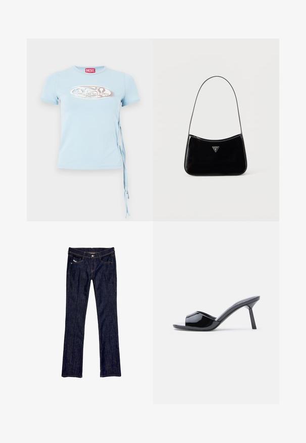 T-shirt bleu clair à manches courtes avec un col rond, des attaches sur les côtés et un imprimé graphique présentant le texte "www.diesel.com" en argent.; Jean en denim bleu foncé avec une coupe droite, dotée d'une fermeture à bouton à l'avant, de cinq poches et de coutures visibles le long des coutures.; Sandales à talons ouverts en cuir verni noir, avec un design supérieur incurvé et un talon aiguille effilé. Finition lisse et brillante.; Sac à bandoulière en cuir verni noir avec une sangle fine, logo triangulaire Guess sur le devant et une fermeture éclair supérieure.