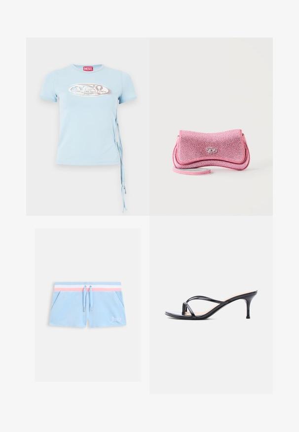 T-shirt bleu clair à manches courtes avec un col rond, des attaches sur les côtés et un imprimé graphique présentant le texte "www.diesel.com" en argent.; Shorts en velours bleu clair avec une ceinture à rayures rose et blanche, fermeture à cordon de serrage et poches latérales. Comporte le mot « Juicy » brodé en blanc.; Sandale à talon en cuir verni noir avec fines lanières croisées et talon aiguille moyen et élancé sur fond blanc.; Petit sac pochette rose scintillant avec une fermeture à fermoir argenté et une fine lanière de poignet sur fond blanc.