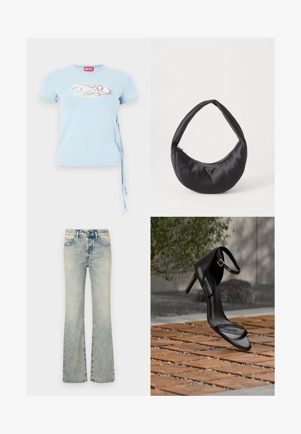 T-shirt bleu clair à manches courtes avec un col rond, des attaches sur les côtés et un imprimé graphique présentant le texte "www.diesel.com" en argent.; Jean flare bleu clair en denim, avec un design à cinq poches, des détails de couture et une taille régulière avec une fermeture à bouton.; Sandale noire à talon haut avec sangle à la cheville, suspendue au-dessus d'un sol en carreaux de bois à l'extérieur, avec un arrière-plan flou de verdure et de pierre.; Sac à main en satin noir avec une forme courbée, doté d'une fermeture à glissière et d'un logo triangulaire en métal à l'avant. Texture lisse et design épuré.