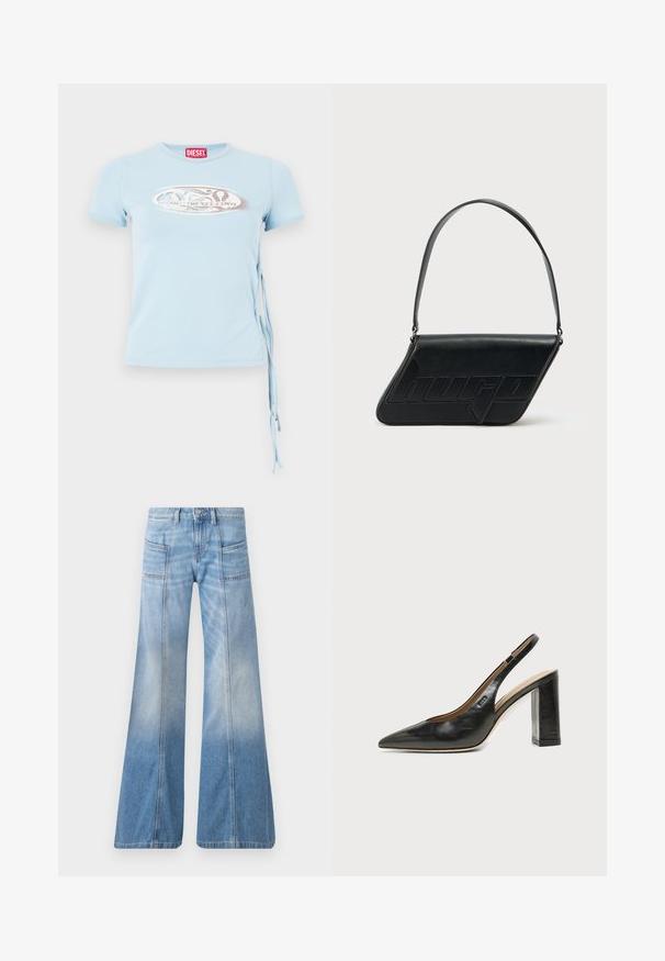 Camiseta de manga corta azul claro con cuello redondo, lazos en los laterales y una estampación gráfica que presenta el texto "www.diesel.com" en color plata.; Vaqueros acampanados de color azul claro hechos de mezclilla. Cuentan con una cintura alta, cuatro bolsillos y un efecto de degradado desvaído hacia el dobladillo.; Zapato slingback de piel negra con puntera puntiaguda, tacón alto y ancho, y forro interior beige sobre un fondo claro y liso.; Bolso de hombro de cuero negro con forma triangular, logo en relieve y una sola correa ajustable. Diseño minimalista con textura suave.