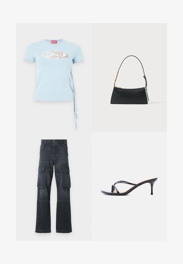 Svetlomodré tričko s krátkymi rukávmi, okrúhlym výstrihom a viazaním na bokoch, s grafickým potlačou obsahujúcou text "www.diesel.com" v striebornej farbe.; Tmavošedé cargo nohavice vyrobené z denimu, s dvoma bočnými vreckami a širokým strihom. Stehy pozdĺž švov a okrajov.; Čierna sandála na podpätku z lakovanej kože s tenkými prekríženými remienkami a úzkym stredne vysokým ihličkovým podpätkom na bielom pozadí.; Čierna kožená kabelka so zlatým zipsom a nastaviteľným popruhom s pozlátenými obdĺžnikovými detailmi na bielom pozadí.