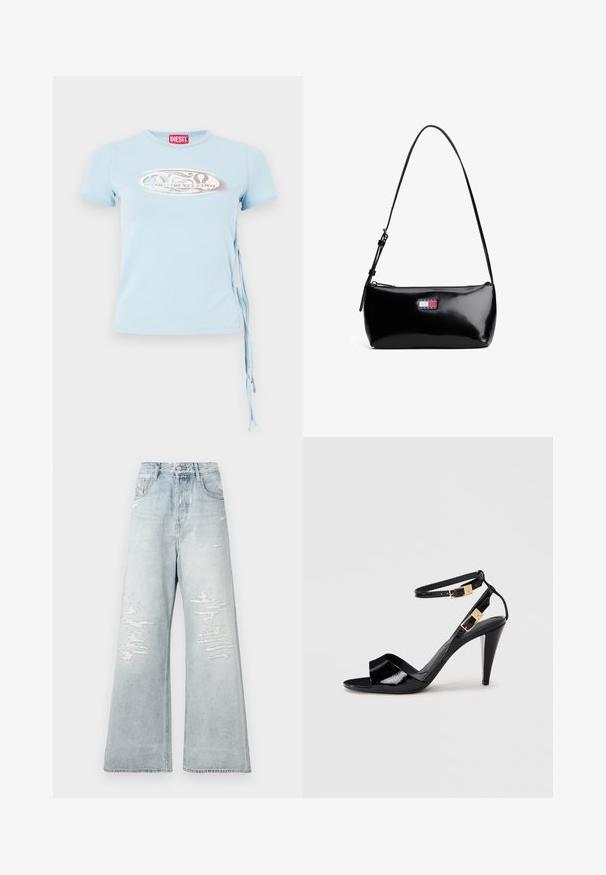 Camiseta de manga corta azul claro con cuello redondo, lazos en los laterales y una estampación gráfica que presenta el texto "www.diesel.com" en color plata.; Jeans de tiro alto de pierna ancha en un tono azul claro, con parches desgastados en los muslos frontales y estilo de cinco bolsillos, sobre un fondo blanco liso.; Sандalia de tacón alto de charol negro con dobles correas en el tobillo y hebillas doradas, punta abierta y tacón delgado y afilado sobre un fondo neutro.; Bolso de hombro de charol negro con una correa curva, cierre de cremallera y un parche de logo rectangular en rojo, blanco y azul.