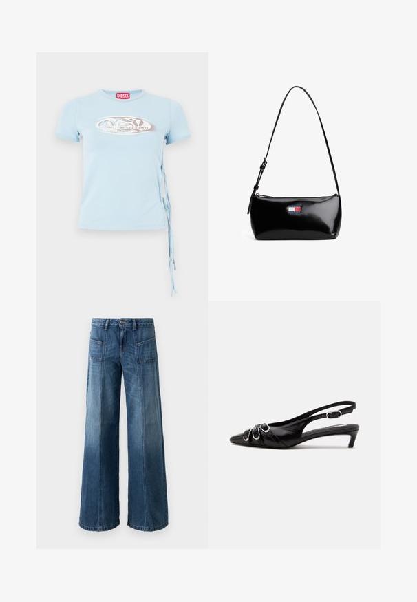 Lys blå kortærmet T-shirt med rund halsudskæring, sidebindinger og et grafisk print med teksten "www.diesel.com" i sølv.; Videbenet jeans i en falmet blå denim. Har fem lommer, en knap- og lynlås-lukning, synlige syninger og en løs pasform.; Sort læder slingback sko med spids tå, tre sølvspænder på forsiden og lav lille hæl på hvid baggrund.; Sort patenteret læder skuldertaske med en buet rem, lynlåslukning og et rektangulært logo patch i rød, hvid og blå.