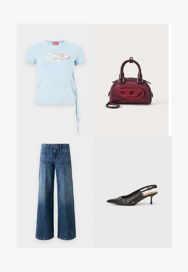 Camiseta de manga corta azul claro con cuello redondo, lazos en los laterales y una estampación gráfica que presenta el texto "www.diesel.com" en color plata.; Jeans de pierna ancha en un denim azul desgastado. Presentan cinco bolsillos, un cierre de botón y cremallera, con costuras visibles y un ajuste holgado.; Zapato de tacón con talón descubierto en piel negra, punta puntiaguda, tacón pequeño y detalles metálicos decorativos a lo largo de la abertura frontal. Textura lisa.; Pequeño bolso burdeos con forma redondeada, doble asa y gran logo ovalado rojo texturizado en la parte delantera sobre fondo liso.