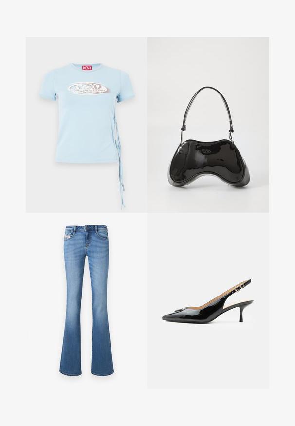 Camiseta de manga corta azul claro con cuello redondo, lazos en los laterales y una estampación gráfica que presenta el texto "www.diesel.com" en color plata.; Vaqueros acampanados de mezclilla azul claro con cintura de subida media, cinco bolsillos y un sutil desgaste a lo largo de las piernas. Presenta una etiqueta con logo cosida.; Tacón slingback de charol negro con puntera puntiaguda, tacón pequeño tipo kitten y correa con hebilla plateada sobre un fondo blanco liso.; Bolso de mano de piel sintética negra con un diseño curvado único, asas cortas y ajustables, y abertura con cremallera en la parte superior. Textura suave con una sutil marca.