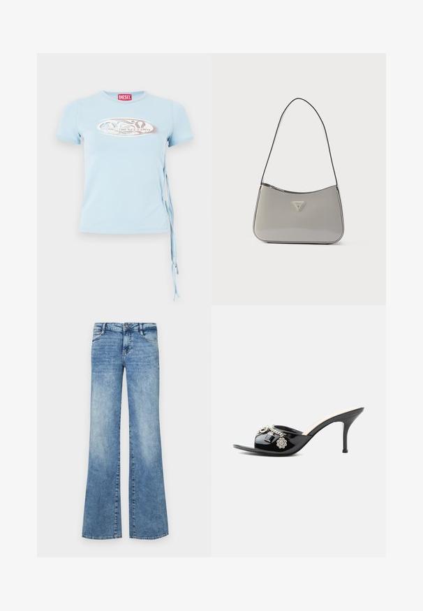 Lichtblauwe T-shirt met korte mouwen en een ronde hals, zijstrikjes en een grafische print met de tekst "www.diesel.com" in zilver.; Lichtblauwe uitlopende jeans van denim. Voorzien van een knoopsluiting, vijf zakken en vervaagde details voor een versleten uitstraling.; Zwarte lakleren mule met hoge hak, open teen en decoratieve zilveren bedels, waaronder een bloem en hangslot op de voorste band.; Grijze schoudertas van lakleer met een gebogen ontwerp, zwarte bies en een zilverkleurige logoplaat aan de voorkant. Verstelbare riem voor veelzijdig gebruik.