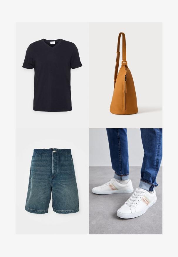 Schwarzes V-Ausschnitt-T-Shirt aus Baumwolle, mit kurzen Ärmeln und lockerer Passform. Einfaches Design, keine Muster oder zusätzlichen Akzente.; Dunkelblaue Denim-Shorts mit lockerer Passform, Knopfverschlüsse und sichtbaren Nähten an Saum und Taschen.; Weiße Leder-Sneaker mit mehrfarbigen Streifen, Schnürdesign, Gummisohle und gepolstertem Kragen, kombiniert mit blauen Jeans.; Hellbraune Leder-Umhängetasche mit verstellbarem Trageriemen und vertikaler Reißverschlusstasche, von der Seite vor hellem, einfarbigem Hintergrund gezeigt.