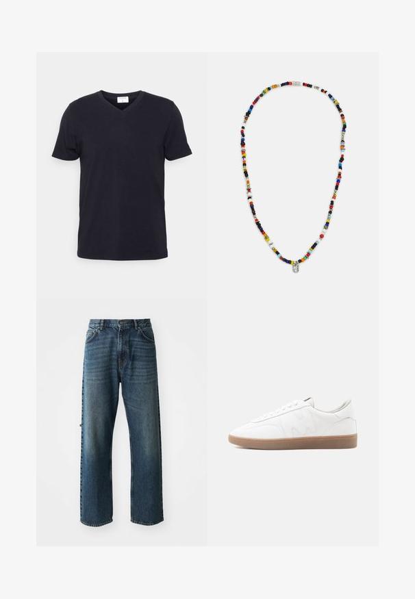 Sort v-hals t-shirt lavet af bomuld, med korte ærmer og en afslappet pasform. Enkel design, uden mønstre eller yderligere accenter.; NN.07 OTIS - Jeans Straight Leg - stonewashed; Hvid lav sneaker med gummisål i naturfarve, syninger og snørebånd på neutral baggrund.; Farverig perlekæde med varierede former og størrelser, med metalliske accenter og små dekorative charms. Overvejende multicoloreret.