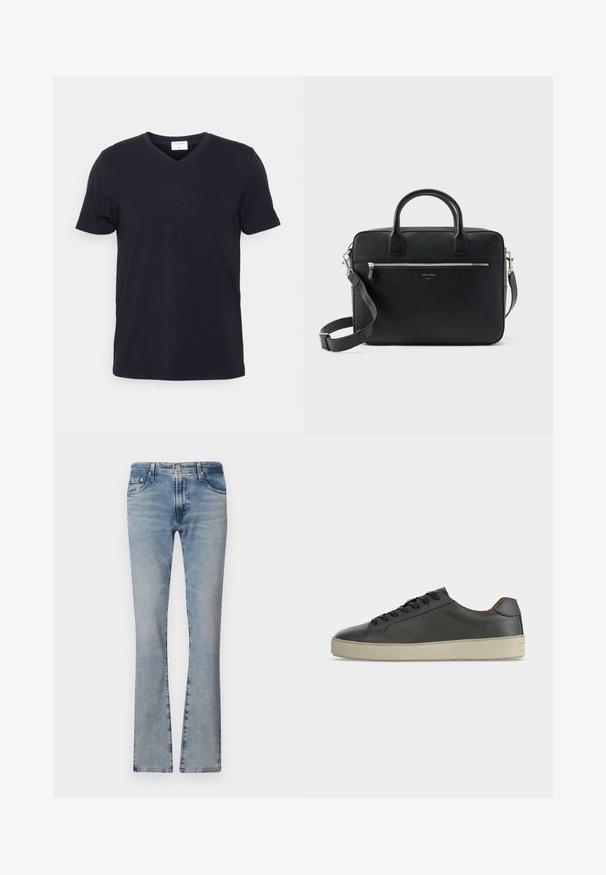 Zwarte v-hals t-shirt van katoen, met korte mouwen en een ontspannen pasvorm. Eenvoudig ontwerp, geen patronen of extra accenten.; Lichtblauwe flared jeans van denim met een middelhoge taille, vijf zakken en een verantwoorde afwerking, voorzien van een rits en metalen knoopsluiting.; Zwarte lage leren sneaker met zwarte veters en off-white rubberen zool, gezien vanaf de buitenkant op een witte achtergrond.; Zwart gestructureerde rechthoekige leren aktetas met dubbele handvatten, voorvak met rits en verstelbare schouderriem, weergegeven op witte achtergrond.