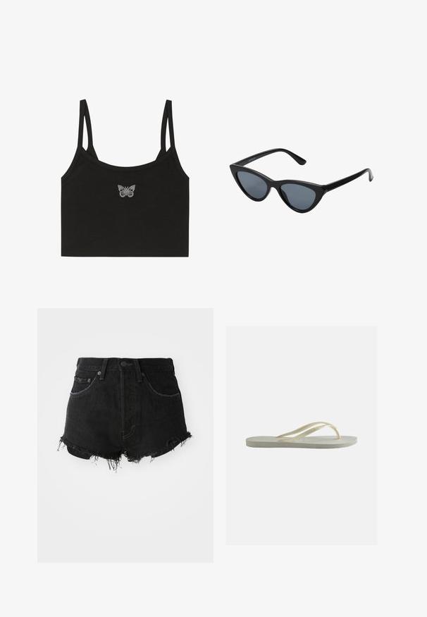 Even&Odd Top - black; Shorts de mezclilla negra con dobladillo deshilachado, diseño clásico de cinco bolsillos y cierre de botón de metal. Presenta una cintura alta y textura desgastada.; Chancla de goma única de color marfil con tiras delgadas y plantilla texturizada vista de lado sobre fondo liso.; Gafas de sol negras en forma de ojo de gato con lentes gris oscuro, marco de plástico elegante, esquinas puntiagudas y patillas rectas. Sin herrajes ni acentos visibles.