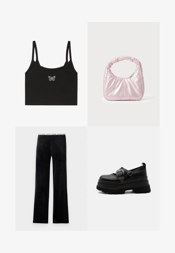 Even&Odd by Zalando Top - black; Čierne flísové nohavice s rovnými nohavicami, vybavené bielym elastickým pásom s textom loga značky. Mäkká textúra, bez ďalších vzorov.; Čierne robustné platformové topánky Mary Jane s hrubou zubatou podrážkou, dekoratívnou striebornou prackou a nastaviteľným remienkom na jednoduchom bielom pozadí.; Ružová, polstrovaná kabelka s oblehnutým dizajnom, vyrobená z lesklého materiálu. Obsahuje naťahovanú rukoväť a zipsové uzatvorenie pre bezpečný prístup.