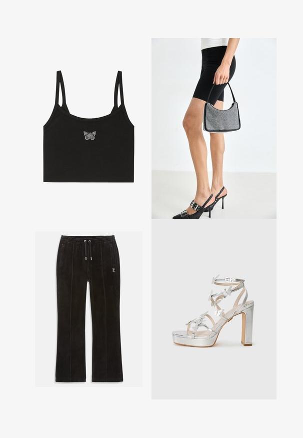 Even&Odd by Zalando Débardeur - black; Pantalons de survêtement en velours noir à la texture douce, dotés d'une taille élastique avec cordons de serrage et de deux poches latérales. Détail de logo discret présent.; Sandale à talons hauts en argent avec des accents de papillon, des sangles ajustables et un talon épais avec une semelle à plateforme. Fini métallique lisse.; Sac à main à perles noires avec une silhouette courbée, une poignée de transport et une texture brillante. Porté avec des chaussures à talons hauts noires et un short noir ajusté.