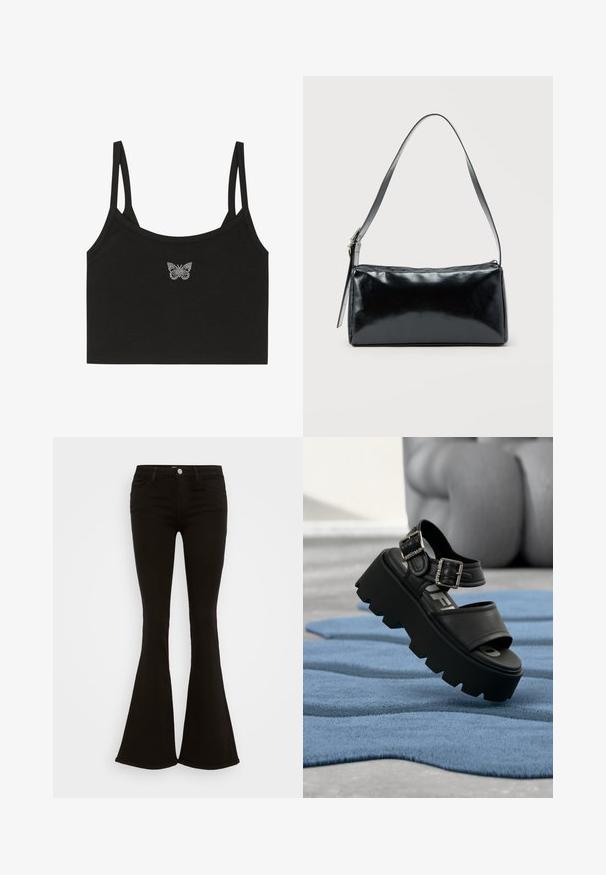 Even&Odd Top - black; Sorte højtaljede flare jeans med frontknap, bæltestropper og fem lommer, præsenteret på en hvid baggrund.; Sort chunky platformsandal med to sølvspænder på blåt tekstureret tæppe, sløret grå skulptur i baggrunden.; Sort rektangulær skuldertaske med en enkelt justerbar rem og lynlås i toppen på en ensfarvet baggrund.