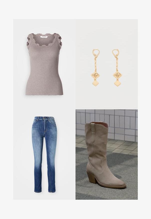 Ribbet, ærmeløs top i dæmpet taupe med blondebesatte scalloped halsudskæring og rå kantdetaljer for tekstur og detalje.; Skræddersyede jeans i mellemblå denim, med en falmet effekt, fem lomme-design, bæltesløjfer og en metalknaplukning.; Beige ruskind cowboy-støvle til midt på læggen med en træblok hæl på en brolagt overflade og baggrund med flisebelagt væg.; Øreringe med guldfarvet drop, der har en tekstureret diamantformet vedhæng og en glat firkantet detalje, begge hængende fra en kæde med led.