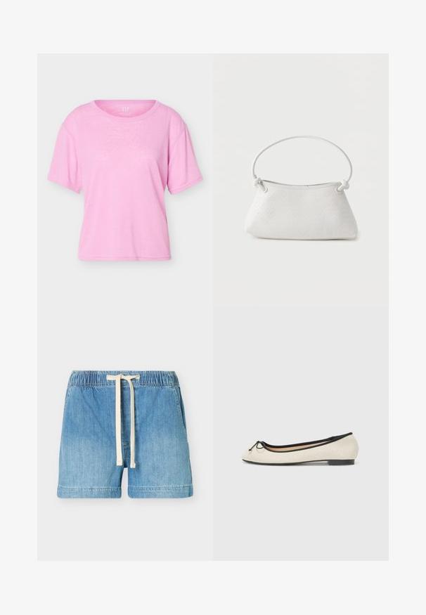 T-shirt en coton rose clair à manches courtes, col rond, coupe ample, avec étiquette visible de la marque GAP à l'intérieur du col.; Short en denim bleu clair avec taille élastique et cordon blanc, poches avant et ourlet droit.; Ballerine en textile beige avec une bordure noire. Affiche un bout arrondi et un petit nœud en accent sur le devant. Semelle basse.; Sac à main en cuir tressé blanc avec poignée arrondie et extrémités de lanière nouées, présenté sur un fond uni.