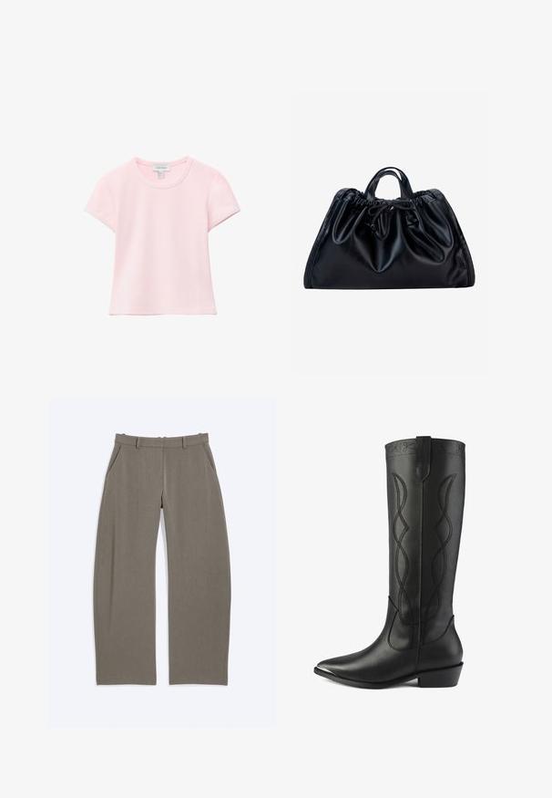 T-shirt rose clair à manches courtes avec col rond et ourlet droit, fabriqué en tissu doux, présenté sur fond blanc.; Pantalon taupe à jambes droites avec passants de ceinture et poches latérales, posé à plat sur fond blanc.; Des bottes noires en cuir hautes présentent un bout pointu, un talon carré et des coutures décoratives avec des lignes entrelacées le long de la tige.; Sac à main en cuir noir avec haut froncé, petites poignées doubles et fermeture par cordon noué au centre devant sur fond blanc.
