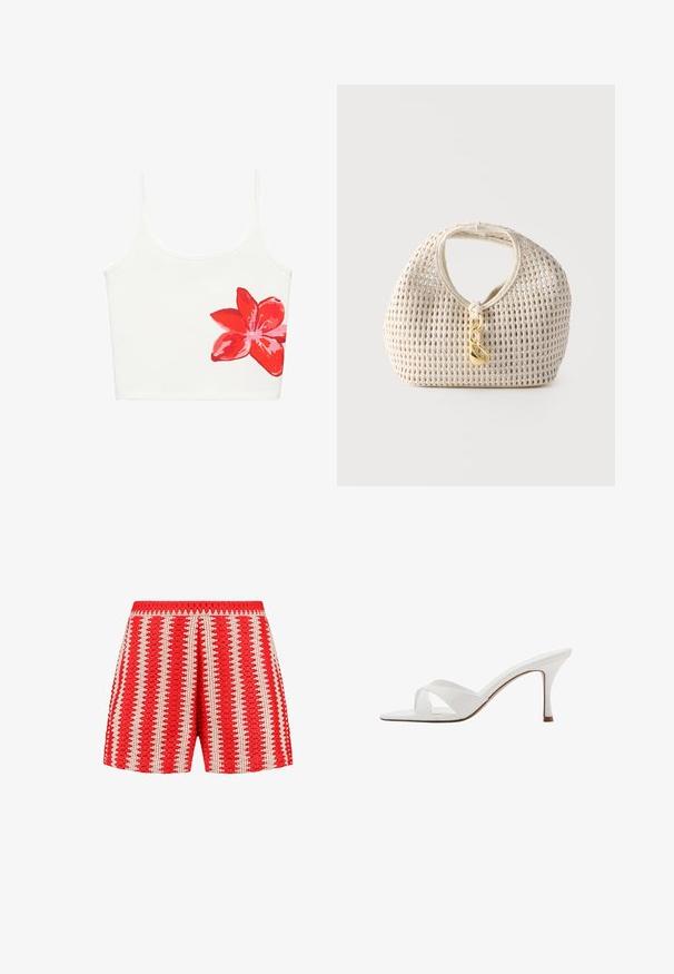 Weißes bauchfreies Top mit dünnen Trägern und einem großen roten Blumenmotiv unten rechts.; Rote Shorts aus strukturiertem Stoff mit weißen vertikalen Streifen und einem gewellten Muster. Elastischer Bund und lockerer Schnitt.; Weißer Mule mit offenem Zehenbereich, gekreuzten Riemen und schlankem mittelhohem Stilettabsatz, seitlich auf weißem Hintergrund gezeigt.; Cremefarbene gewebte Handtasche mit abgerundeter Form, kurzem Griff und dekorativem goldfarbenem Verschluss, der vorne in der Mitte hängt.