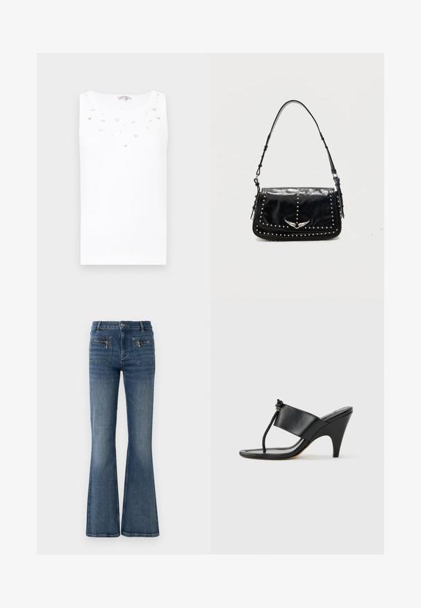 Witte mouwloze top met een ronde halslijn, versierd met verspreide decoratieve versieringen en een soepele, lichtgewicht stofstructuur.; Flared blauwe denimjeans met een medium hoge taille, voorzien van voor- en achterzakken en een subtiele vervaagde was.; Zwarte sandaal met hoge hak, voorzien van een brede voorband en een teenlus met een knoopdetail van koord, vanuit zijaanzicht getoond op een witte achtergrond.; Zwarte leren schoudertas met zilverkleurige studs en een metalen vleugel-embleem op de voorklep tegen een effen achtergrond.