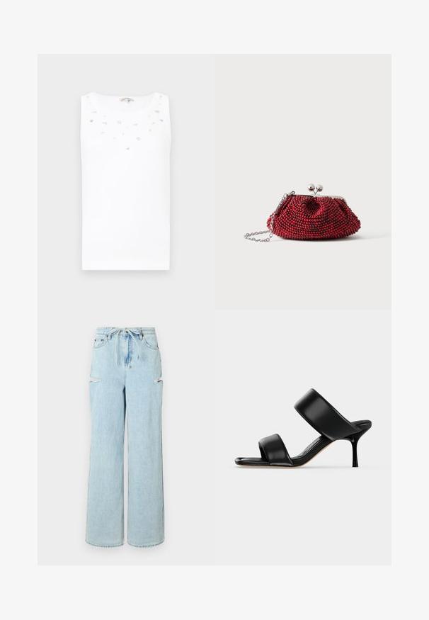 Top sans manches blanc avec un col rond, présentant des embellissements décoratifs dispersés et une texture de tissu lisse et léger.; Jean large en denim bleu clair avec une taille à cordon, comportant deux déchirures aux genoux et un ourlet propre. Texture douce avec une coupe décontractée.; Sandale mule en cuir noir avec deux larges brides et un talon stiletto fin de hauteur moyenne sur un fond clair uni.; Petit sac pochette rouge orné de perles, avec fermoir argenté et chaîne sur un fond blanc uni.