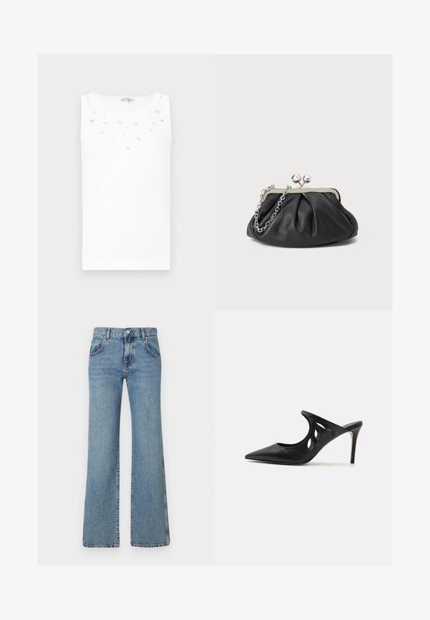 Hvid ærmeløs top med en rund udringning, prydet med spredte dekorative udsmykninger og en glat, let stoftekstur.; Lyseblå, flagrende jeans i denimstof med en talje med knaplukning, fem lommer og et klassisk syet design.; Sorte læder højhælede mules med spids tå, udskåret sideskærm og glat tekstur. Stiletthæl og subtil syning.; Sort læder clutch med samlet tekstur, sølvfarvet metalramme, kys-lås lukning og kædestrop. Glat, blød overflade.