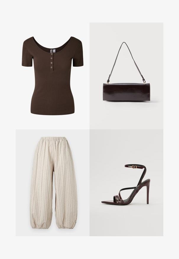 Top ajusté à manches courtes, côtelé, marron foncé, avec encolure dégagée et quatre boutons-pression métalliques sur la patte avant.; Pantalon beige ample avec des rayures noires verticales, taille élastique et poignets élastiques froncés aux chevilles.; Sandale à talons hauts en cuir verni bourgogne avec une bride de cheville, bout pointu et trois bandes horizontales sur le pied. Détail de boucle dorée.; Sac à main rectangulaire en cuir noir avec une longue bandoulière unique et une finition brillante, présenté sur un fond blanc uni.