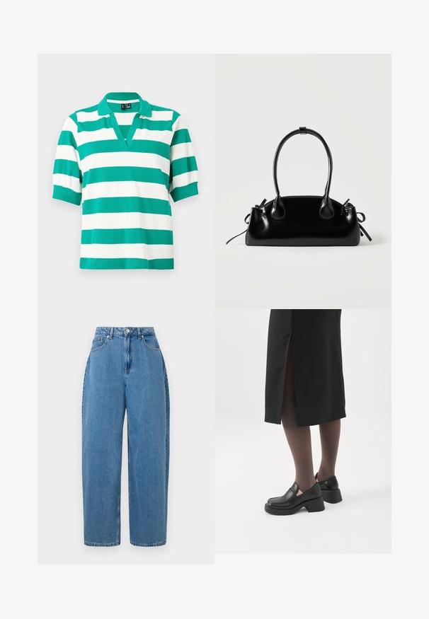 Roheline ja valge triibuline polo särk lühikeste puffvarukatega, V-kaelusega ja soonikkoes mansettidega. Valmistatud pehmest kangast.; Heledad denim püksid, sirge sääre lõikega, kõrge vöökoht ja eesmine nuppe sulgemine. Omab viit taskut ja minimaalseid õmblusdetailide.; Naine, kes kannab musta kõva kontsaga loafer-kingi, läbipaistvaid musti sukkpükse ja musta seelikut tagumise lõhikuga valgel taustal.; Väike must läikiv käekott kahe pika sangaga ja külgedel paelakinnitustega, ühel lihtsal helel taustal.