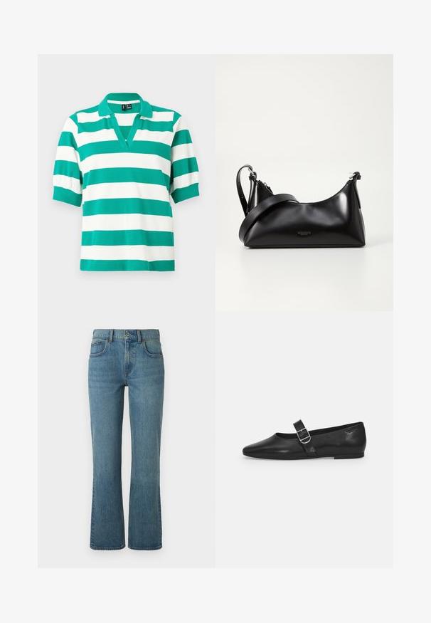 Grøn- og hvidstribet polo shirt med korte puffærmer, V-hals og ribbede manchetter. Lavet af blødt stof.; Lysblå flagrende jeans lavet af denim, med fem lommer, en frontknaplukning og subtil fading for tekstur.; Sorte læder flade sko med rund tå, et enkelt justerbart spænde og en glat, blank overflade. Minimalistisk design med en lav hæl.; Sort læderhåndtaske med en glat tekstur. Har en justerbar stropp og et enkelt, minimalistisk design med lynlås.