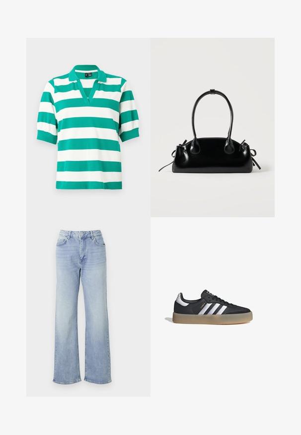 Polo verde y blanco a rayas con mangas cortas abullonadas, cuello en V y puños acanalados. Hecho de una tela suave.; Jeans de pernera ancha en azul claro, confeccionados en denim, con una cinturilla de talle alto, cinco bolsillos y un dobladillo con desgastes sutiles.; Zapatilla deportiva de cuero negro con tres rayas plateadas, punta texturizada y suela de goma. Cuenta con un collar acolchado y un diseño con cordones.; Pequeño bolso negro brillante con dos asas largas y detalles de cordón lateral sobre un fondo claro liso.