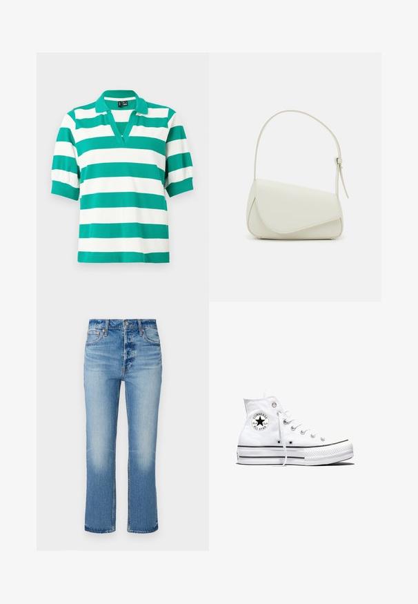 Polo rayé vert et blanc avec des manches courtes bouffantes, un col en V et des poignets côtelés. Fabriqué en tissu doux.; Jean en denim bleu clair avec une coupe droite, présentant un délavage près des cuisses, une fermeture à bouton et un style classique à cinq poches.; Baskets montantes blanches Converse Chuck Taylor All Star avec patch logo noir et lacets blancs, présentées sur fond blanc.; Sac à main en cuir synthétique blanc avec une forme triangulaire structurée, une bandoulière unique réglable et un rabat à courbes accentuées.