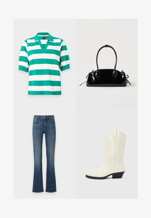 Grün-weißer Poloshirt mit kurzen Puffärmeln, einem V-Ausschnitt und gerippten Bündchen. Aus weichem Stoff gefertigt.; Dunkelblaue Schlagjeans aus Denim mit hoher Taille, einem einzigen vorderen Knopf und subtilen Ausbleichungen entlang der Beine.; Weißer Western-Stiefel in mittlerer Wadenhöhe mit spitzer Schuhspitze, schwarzem gestapeltem Absatz, dekorativen Nähten und Zuglasche an der Schaftseite.; Kleine schwarze glänzende Handtasche mit zwei langen Griffen und seitlichen Kordelzug-Details vor einfachem hellem Hintergrund.