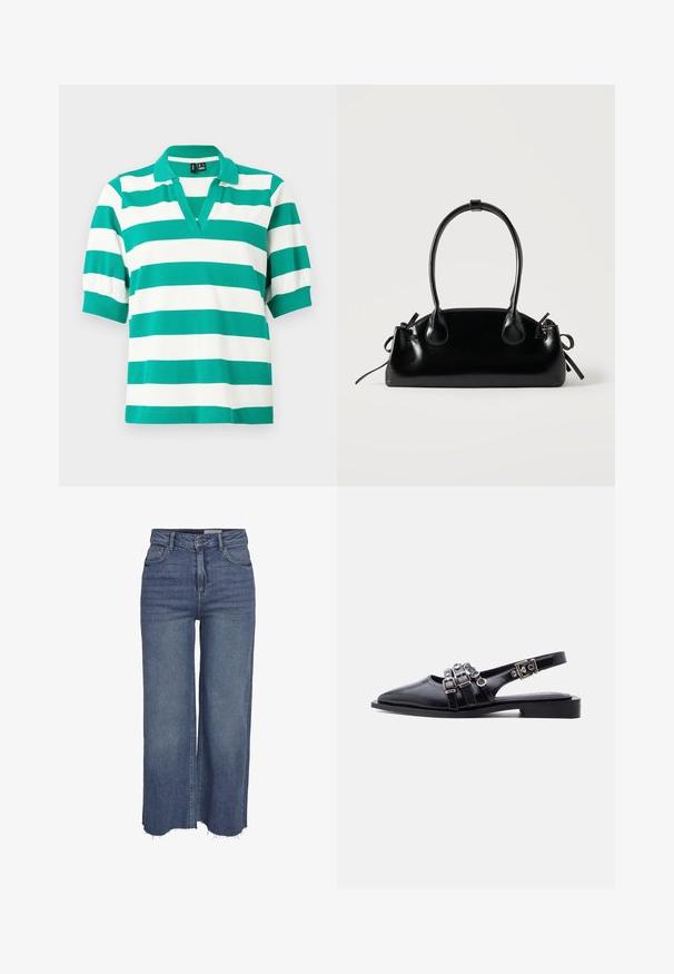 Grøn- og hvidstribet polo shirt med korte puffærmer, V-hals og ribbede manchetter. Lavet af blødt stof.; Blå bred ben jeans med høj talje, frontknap, lynlås, fem lommer og frynset kant.; Sort læder spaet tå slingback flad med tre spændestropper og sølvhardware på hvid baggrund.; Lille sort blank håndtaske med to lange håndtag og snøre-detaljer i siden på en ensfarvet lys baggrund.