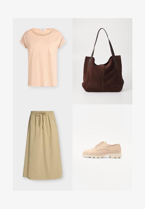 Lyse ferskenfarvet T-shirt med korte ærmer, rund halsudskæring og lille brystlomme, vist mod en ensfarvet baggrund.; Beige knælængde nederdel med elastisk linning, snøre og lynlåslommer i siden på ensfarvet baggrund.; Beige ruskind snørebåndssko med rund tå, tekstureret overdel og en kraftig, cremefarvet gummisål med udtalt mønster for godt greb.; Brun ruskind tote taske med to mørke læder skulderremme. Blød tekstur, afrundet top og et rummeligt interiør. Ingen synlig hardware eller pynt.
