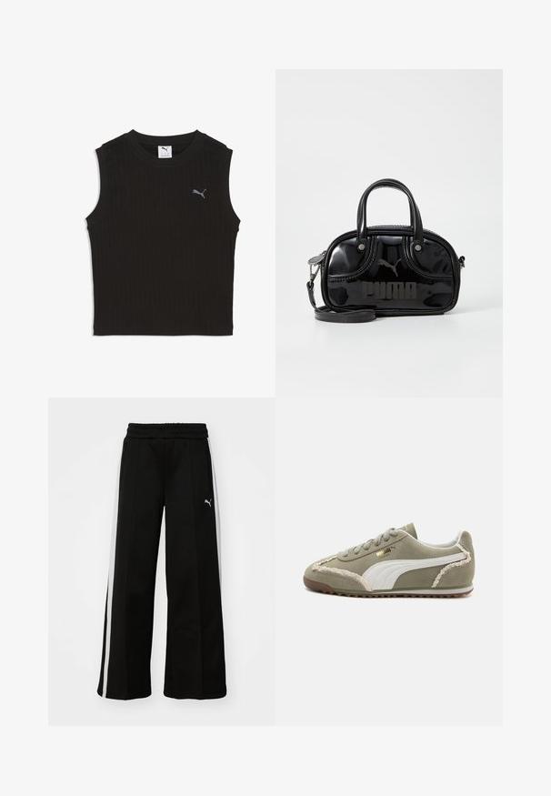 Čierny bezrukávový rebrovaný crop top s okrúhlym výstrihom a malým sivým logom Puma na ľavej strane hrude.; Čierne nohavice s širokými nohavicami a elastickým pásom, vertikálne biele pruhy, bočné zipsové vrecká a malé logo na stehne.; Zelené semišové tenisky s bielymi koženými akcentmi, textúrovaným prešívaním, šnurovaním a gumovou podrážkou. Obsahujú jedinečné dizajnové detaily po stranách.; Čierna lakovaná kožená kabelka s dvojitými vrchnými uchami, odnímateľným ramenným popruhom, zaobleným tvarom a výrazným embosovaným logom "PUMA".