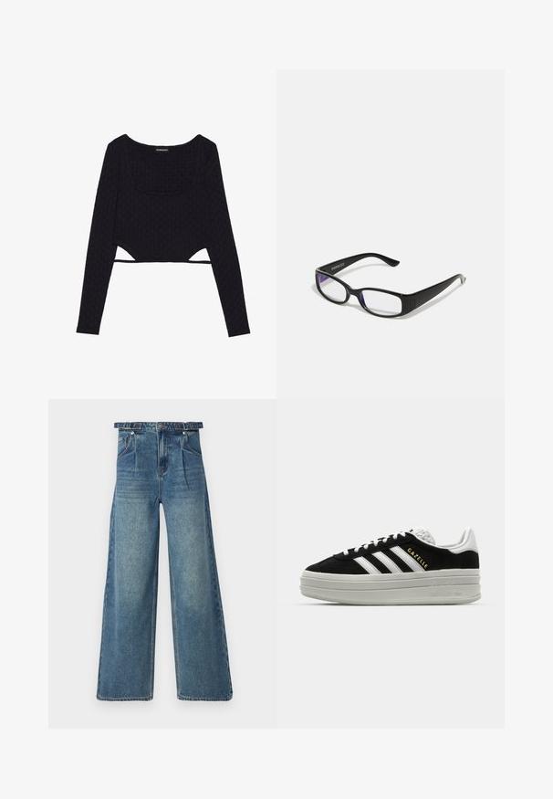 Sort cropped langærmet top med et tekstureret sekskantet mønster, scoop halsudskæring og udskårne detaljer i kanten. Blødt, strækbart stof.; Bredde ben denim jeans i lys blå. Har høj talje, bæltestropper, plisseret front og klassisk fem-lomme design. Slidt tekstur.; Sort ruskind sneaker med hvide læderdetaljer, tre hvide striber, flade snørebånd og en tyk grå platformsål. Guldfarvet "Gazelle" branding.; Sorte rektangulære briller med klare linser. Blank finish, smalle stænger, og lilla nuance synlig i kanterne af linsen.