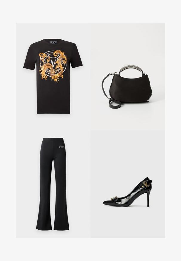 Sort kortærmet t-shirt med gyldent, indviklet swirl-design og rundt logo med teksten "Versace Jeans Couture" henover brystet.; Sorte flagrende bukser lavet af glat stof. Har et elastisk taljebånd og et lille hvidt logo på hoften. Enkel design, ingen synlige mønstre.; Sorte laklæder højhælede sko med spidse tæer, en sløjfedetalje foran og en dekorativ accent i guldtonet metal bagpå.; Sort satin håndtaske med et buet sølvhåndtag og en aftagelig sort rem. Blød tekstur og rund form med et minimalistisk design.