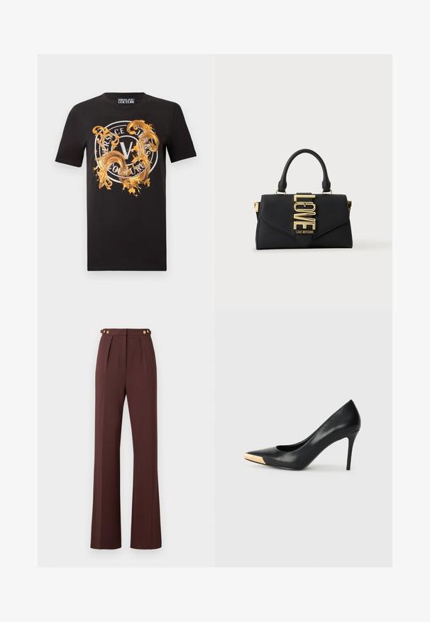 Čierne tričko s krátkym rukávom so zlatým zdobeným vzorom špirál a kruhovým logom s nápisom "Versace Jeans Couture" na hrudi.; Vysoké hnedé široké nohavice s prednými pukmi a zlatými gombíkmi na nastaviteľných páskach na páse.; Čierny kožený lodičkový topánok na vysokom opätku s špicatou špičkou; zdobený kovovým zlatým akcentom na špičke. Hladký povrch s elegantným dizajnom.; Čierna kabelka s jedným uchom, zlatým zapínaním s nápisom LOVE a označením "Love Moschino" na prednom chlopňu.