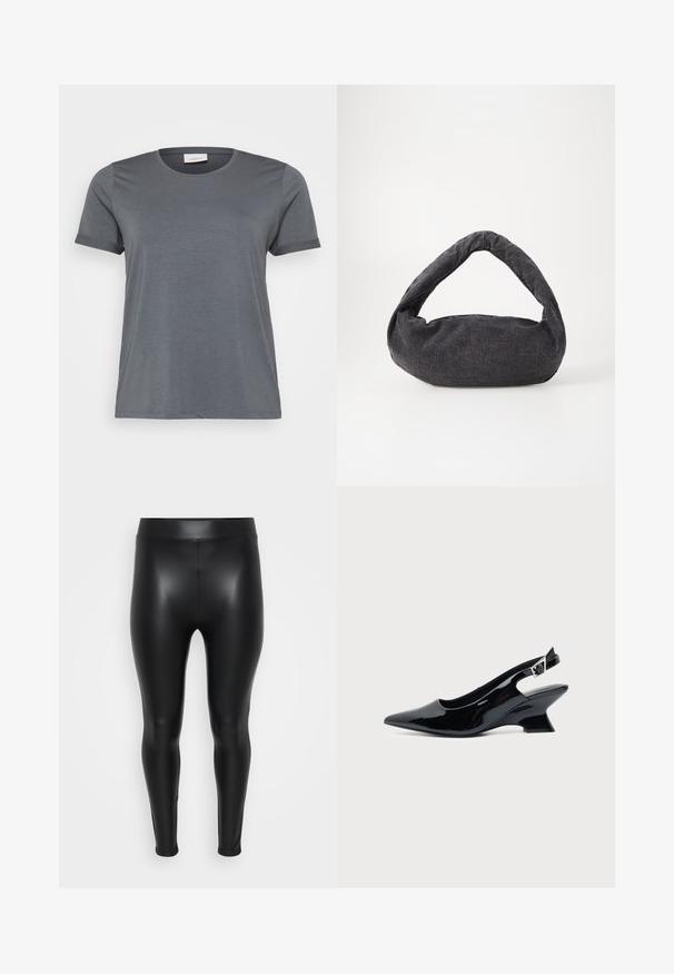 Graues kurzärmliges T-Shirt aus weichem Material mit klassischem Rundhalsausschnitt und aufgerollten Ärmeln. Glatte Textur ohne sichtbare Muster.; Schwarze Leggings aus einem glatten, glänzenden Material. Hoher Bund, enganliegendes Design und keine sichtbaren Nähte oder Muster.; Schwarzer Slingback-Schuh aus Lackleder mit spitzer Spitze und niedrigem, schrägem Blockabsatz auf einfachem hellem Hintergrund.; Dunkelgraue Stofftasche mit einem gebogenen Griff, weicher Textur und runder Form. Keine sichtbaren Beschläge oder Verzierungen.