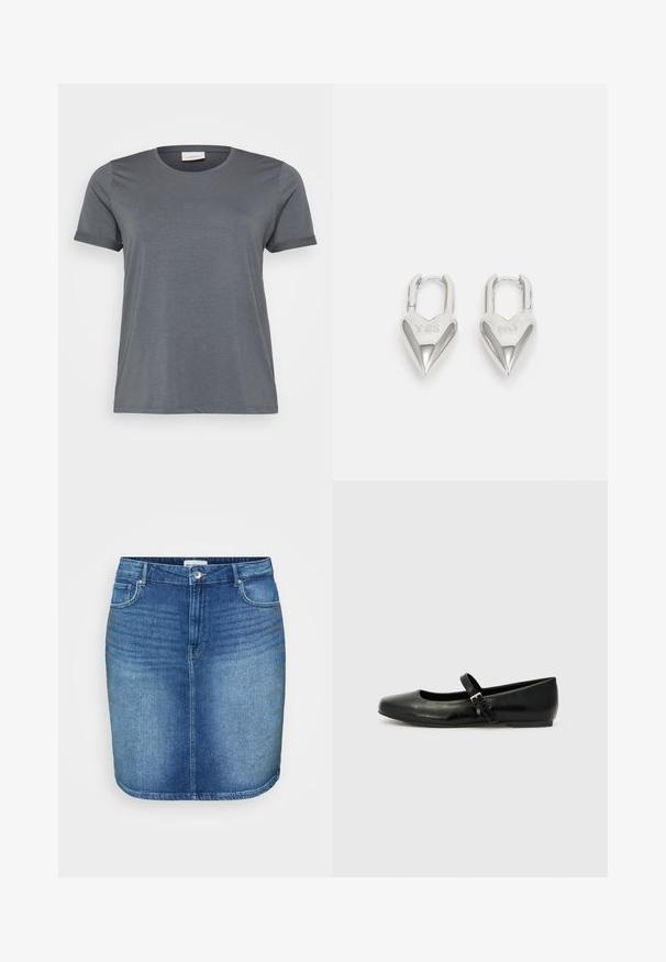 Grå kortærmet T-shirt lavet af blødt stof, med en klassisk rund halsudskæring og oprullede ærmer. Glat tekstur uden synlige mønstre.; Denim nederdel i mellemblå vask med en tætsiddende design, lige snit, fem-lomme stil og en talje med knaplukning foran.; Sorte læder balletflade med rund tå, flad sål og en tynd justerbar rem over svangen med en metalspænde.; Sølv hjerteformede hængelåse med indgraveret "JA" og "NEJ" tekst, poleret finish, symmetrisk design og en robust metalklap.