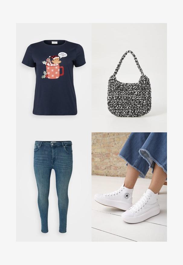 Mørkeblå t-shirt med et grafisk motiv af en rød kop fyldt med en peberkagemand, slikstok og kristtorn, samt snefnugsmønstre og en taleboble.; Slim fit jeans i mellemblå denim med en glat overflade, fem-lomme design, bæltestropper og en knaplukning i taljen.; Person iført hvide høje Converse-sneakers med tykke såler og beskårne blå jeans med flossede kanter mod en murstensvæg og hvidt gulv.; Vævet håndtaske i sort og hvid med en rund form, tekstureret overflade og et fletet håndtag. Velegnet til afslappet brug.