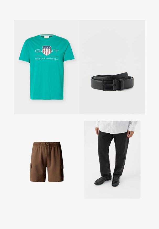 Turquoise T-shirt met korte mouwen en ronde hals, met het GANT-logo, een schildembleem, "1949" en de tekst "American Sportswear" aan de voorkant.; Bruine katoenen cargoshorts met een elastische tailleband, koordsluiting en twee zijzakken. Soepele textuur en lengte boven de knie.; Zwarte denim broek gecombineerd met glanzende zwarte instappers. Het shirt is wit met dunne verticale strepen, heeft lange mouwen en een geknoopte kraag.; Zwarte riem van getextureerd leer, opgerold met een matzwarte rechthoekige metalen gesp, op een effen witte achtergrond.