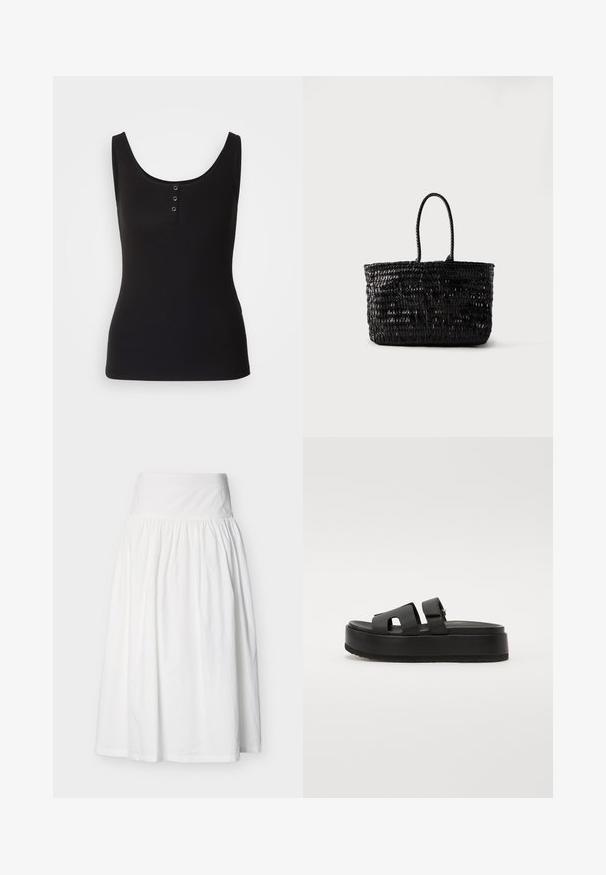 Débardeur noir en tissu côtelé, avec une encolure dégagée et trois boutons-pression en métal sur le devant. Texture lisse, forme ajustée.; Jupe midi blanche taille haute avec tissu froncé et large ceinture, présentée sur un fond gris clair uni.; Sandales à plateforme noires avec deux larges brides, en matériau lisse. Présentent une semelle épaisse avec un dessous texturé pour l'adhérence.; Sac fourre-tout en cuir tressé noir avec deux poignées arrondies, debout sur un fond blanc uni.
