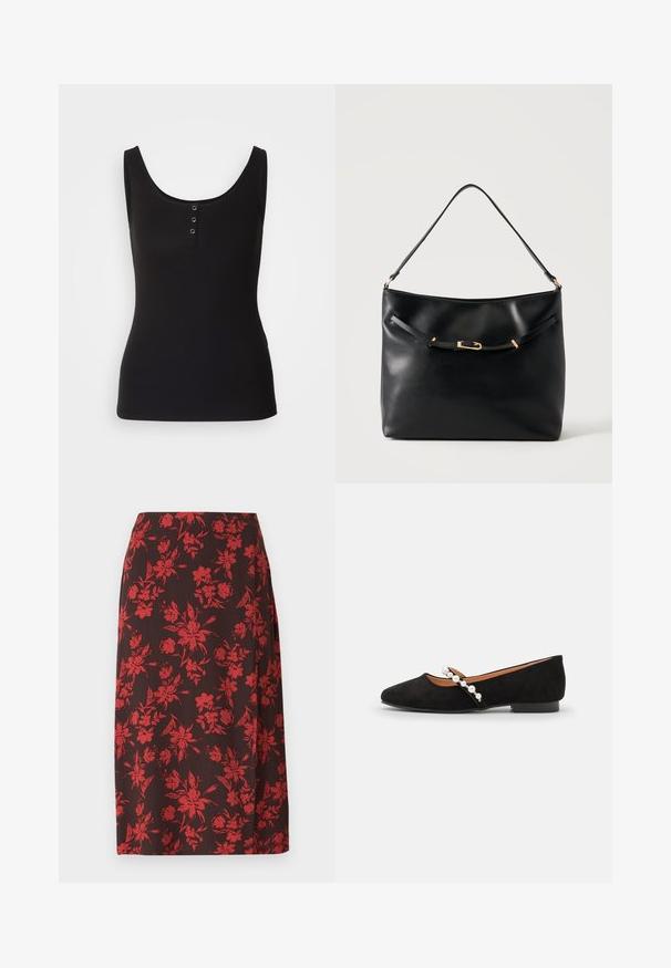 Sort tanktop lavet af ribbet stof, med en rund halsudskæring og tre metal snapknapper ned foran. Glat tekstur, tætsiddende form.; Anna Field MIDI SPLIT - Pencil skirt - red/brown; Sorte ruskind balletflade med spids tå, der har en dekorativ rem prydet med hvide perler og en lav hæl.; Sort skuldertaske i læder med en enkel strop og en lille guldlåsdetalje foran mod en ensfarvet lys baggrund.